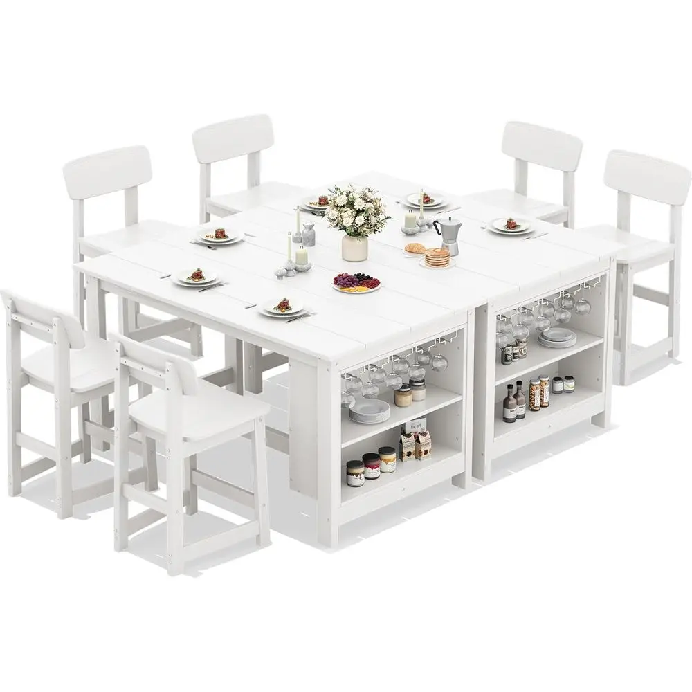 

8-Piece HDPE Counter Height Dining Set with Storage & Wine Rack, 2 Bar Tables with Stools for 6, Suitable for Garden, Backyard,