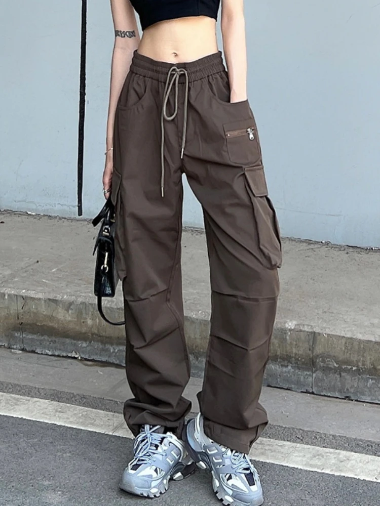 Casual Pants Women Chic Baggy Streetwear All-match Vintage Pockets Fashion Drawstring Simple Cargo Trousers Ulzzang Spring Solid