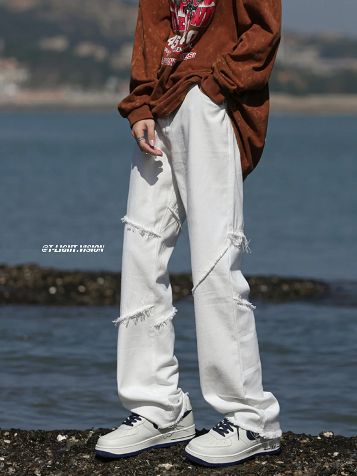 

American Vibe Men's White Jeans Spring Autumn Loose Straight Leg Wide Leg Long Pants Splicing Trendy High Street Casual Jeans