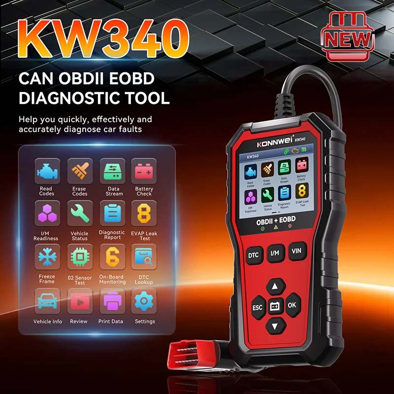 KONNWEI KW340 Automotive Battery Tester with Fault Code Erase 12V Car Voltage Test Cranking Test OBD Diagnostic Tool