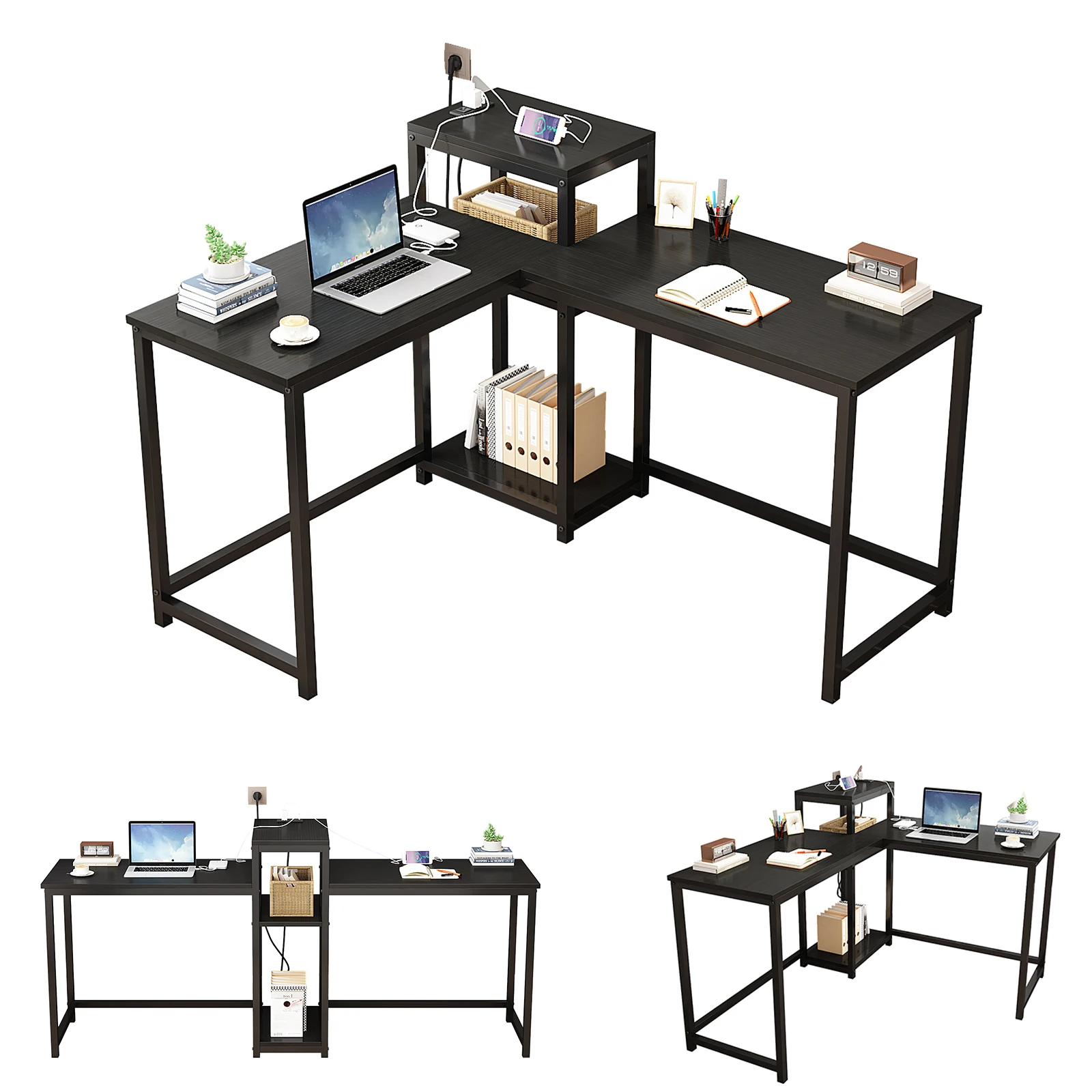 مكتب مكتب YQ JENMW على شكل حرف L مع مقبس طاقة ومساحة تخزين، مكتب كتابة لشخصين #6