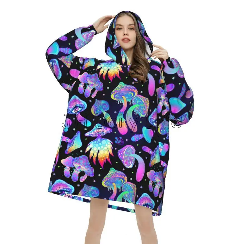 Purple Mushroom Wearable Blanket Hoodie Colorful Star Plant Oversized Sweatshirts Warm Cozy Microfiber Fleece Sherpa Blanket