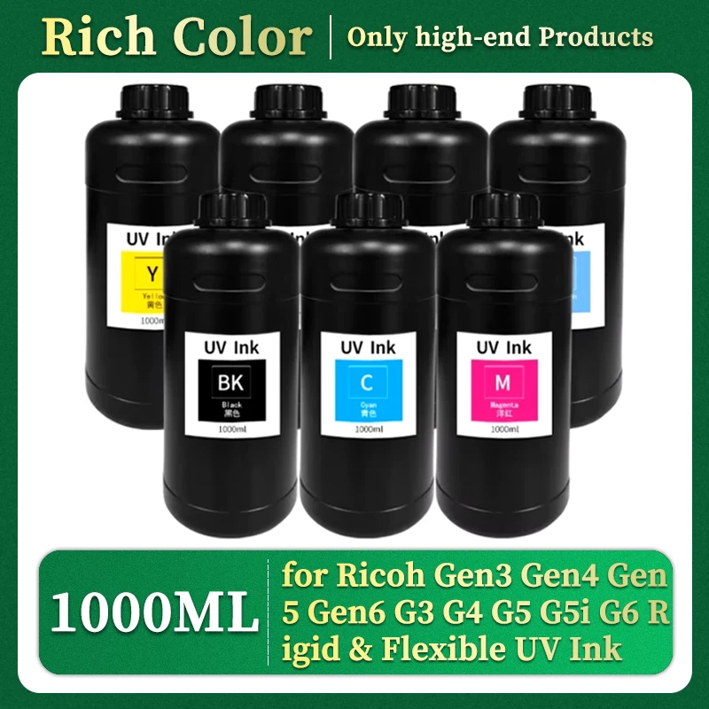 

1000 мл светодиодные входные УФ-чернила для Ricoh Gen3 Gen4 Gen4L Gen5 Gen5i Gen5S Gen6 G3 G4 G5 G5i G6 Печатающая головка Жесткие и гибкие УФ-чернила