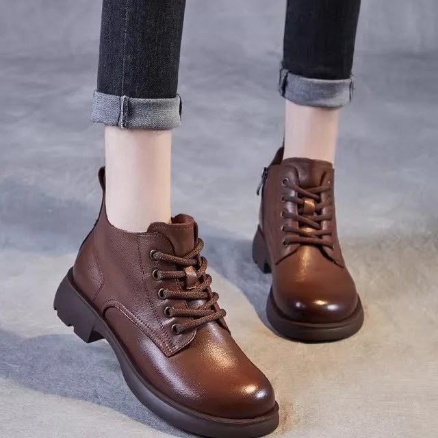 

British Style Boots Women's Short Boot Versatile Top Layer Cowhide Leather Boot Thickened Rubber Outsole round Toe