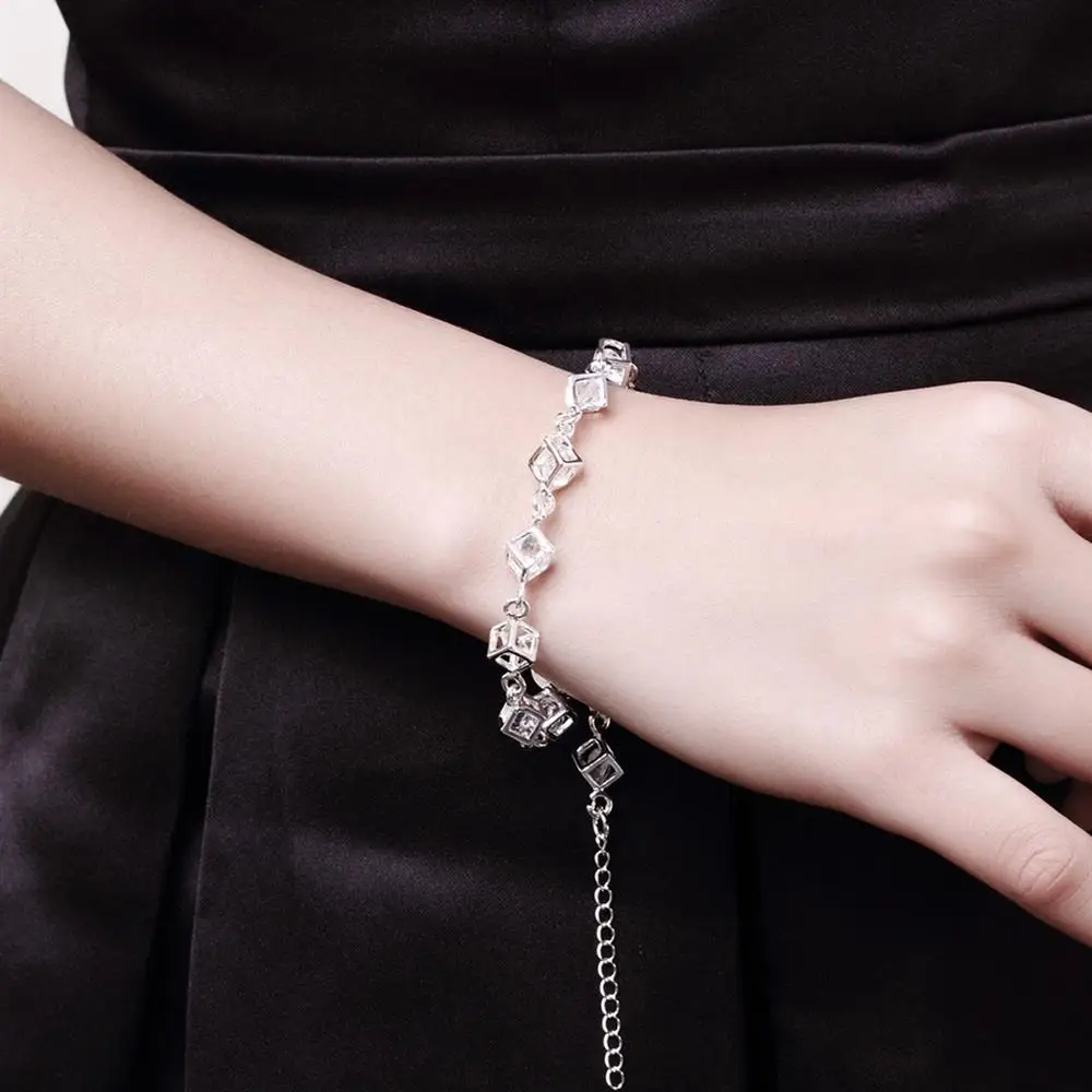 

Hot 925 Sterling Silver Bracelets Simple Crystal Lattice Chain For Women Wedding Party Christmas Gifts Fashion Jewelry