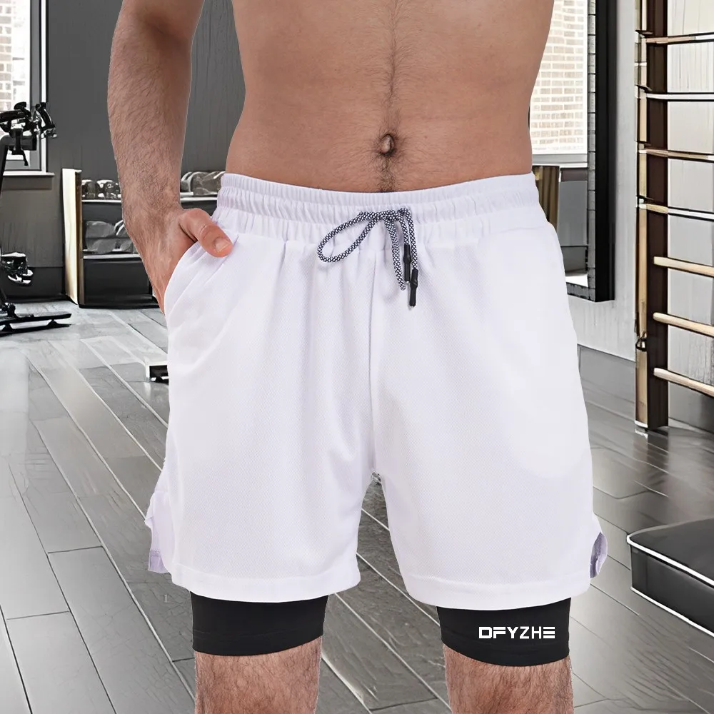 

Men's three-dimensional letter trademark double-layer 2-in-1 jogging training printed gym shorts sports and fitness shorts