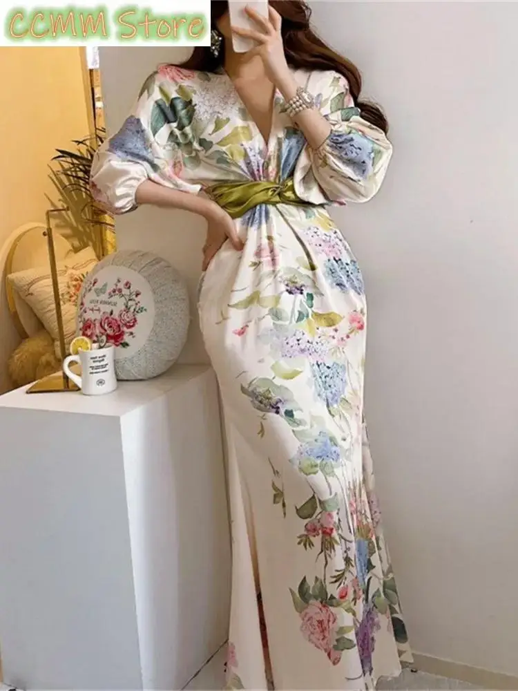 

New Spring Summer Floral Print Party Dresses Women Vintage Bodycon V-neck Lantern Sleeve Robe Female Elegant Birthday Clothing