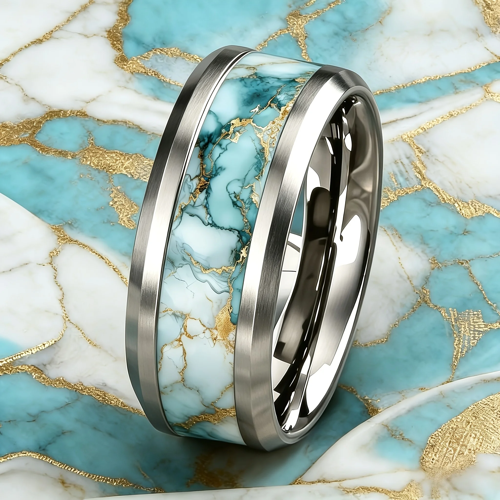 Anillo de lujo con patrón de mármol azul cielo turquesa y dorado, anillos de acero inoxidable para mujeres y hombres, joyería de boda, regalos del Día de San Valentín