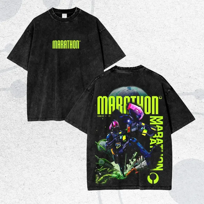 Vintage Washed T-Shirt, Neon Glitch Sci-Fi Streetwear Tee Summer Men's and Women's Washed T-shirt Top
