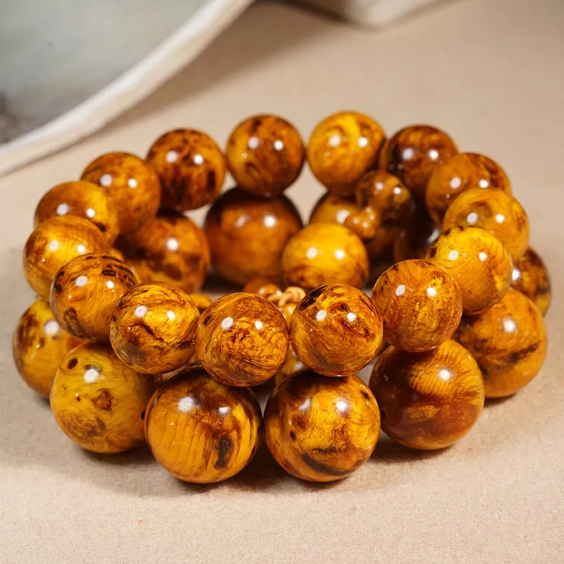 Chinese Style Lucky Amber Wood Beaded Bracelet Natural Burl Grain Good Fortune Prayer Mala Wristband For Men Women Spiritual Med