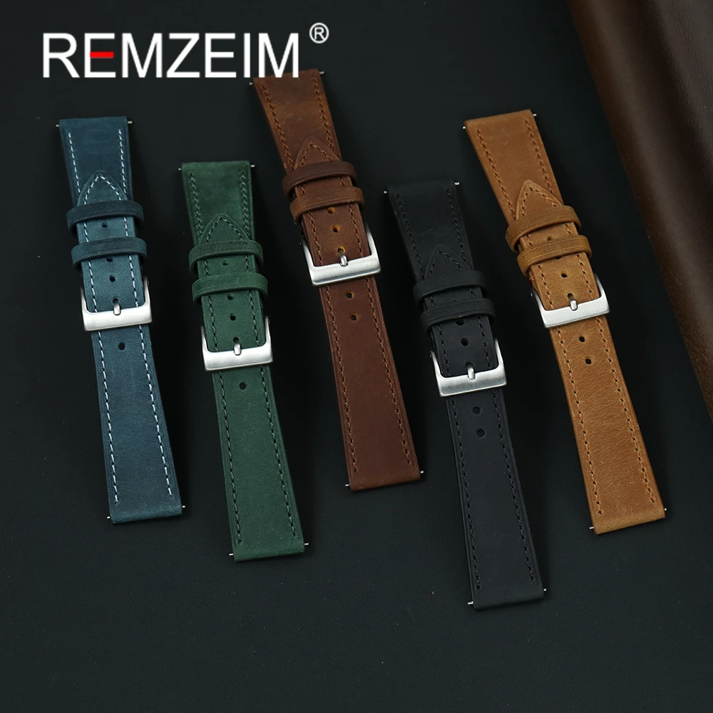 Crazy Horse Leather Strap 18mm 19mm 20mm 21mm 22mm Quick Release Men Replacement Watch Band with Stainless Steel Buckle