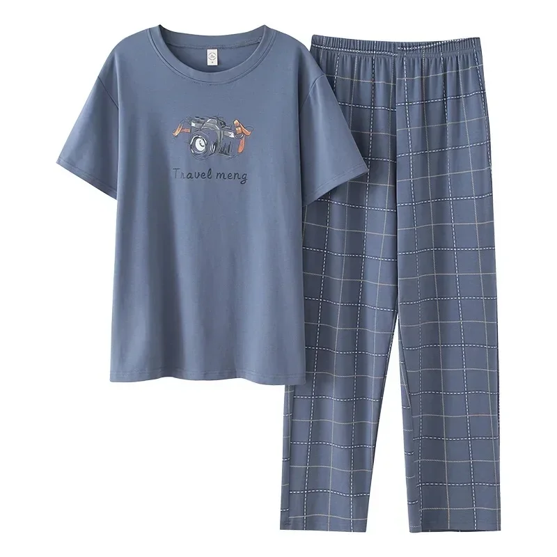 Neue Sommermode Herren-Nachtwäsche aus weicher Baumwolle, Pyjama-Set für Gentleman, runder Kragen, grau, einfarbig, lockere Loungewear für junge