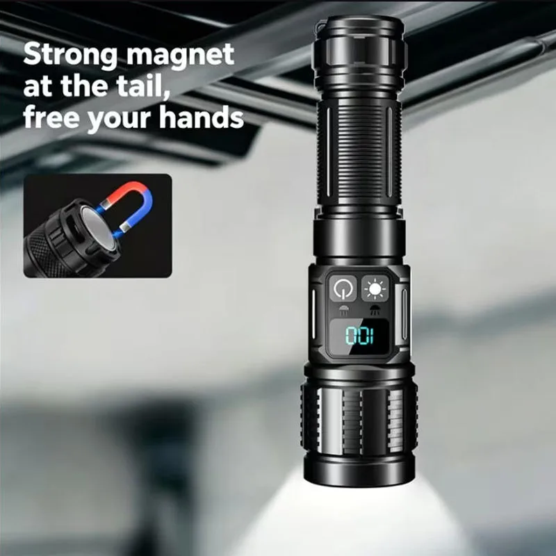  Super Powerful Flashlights Rechargeable Led Flashlight Magnetic Tactical Torch With Digital Display Camping Fishing Zoom Torch