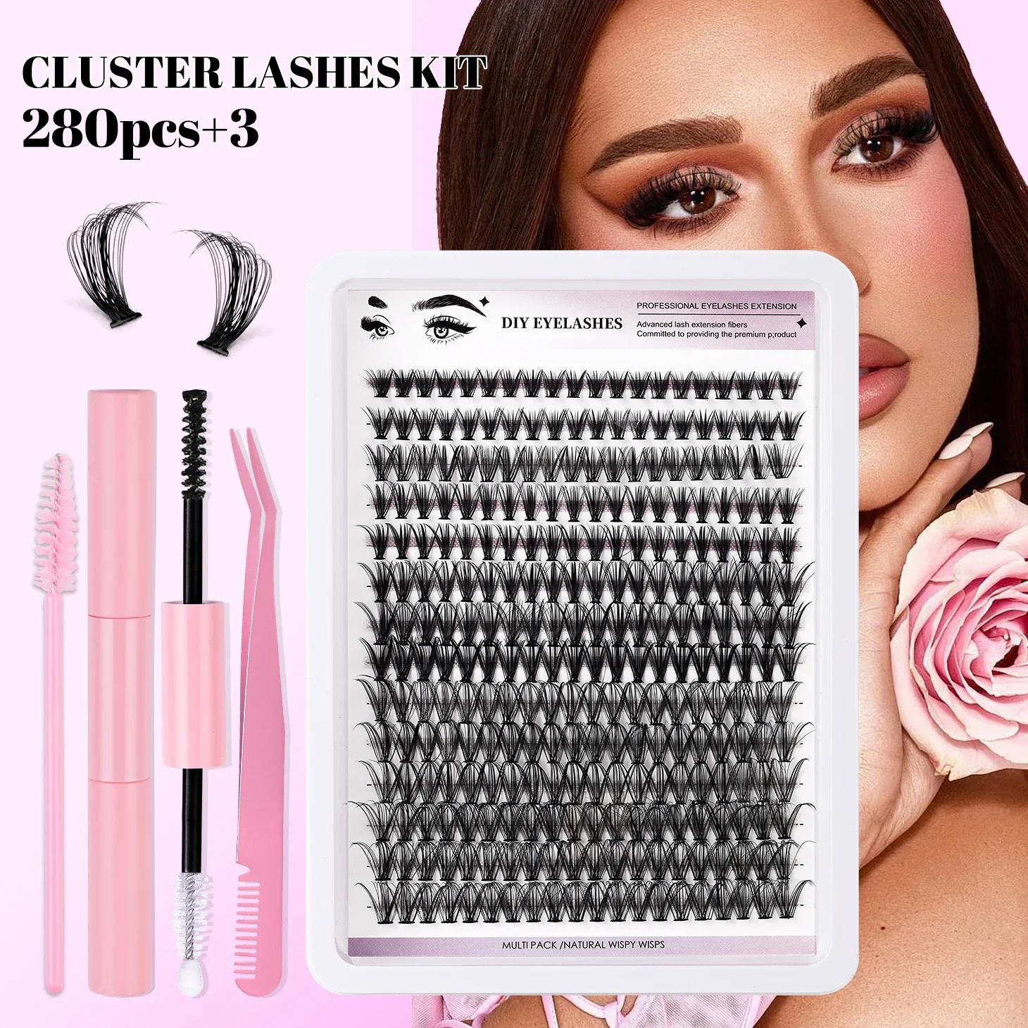 DIY Lash Extension Kit 280 PCS Individual Eyelash Cluster Kit D 8-16mm MIX 30D Lashes Kit Lash Glue Remover for Eyelashes