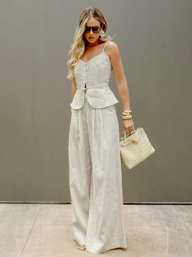 Mueyaruho Women 2025 Summer Office Pant Set Suits Solid Beige Outfits 2 Two Piece Wide Leg Matching Set For Women