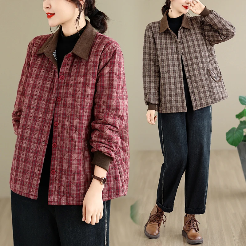 Warmth Style Thin Cotton Quilted Vest for Women in Winter Season Regular Fit Long Sleeve Button Closure Plaid Patterned Coat