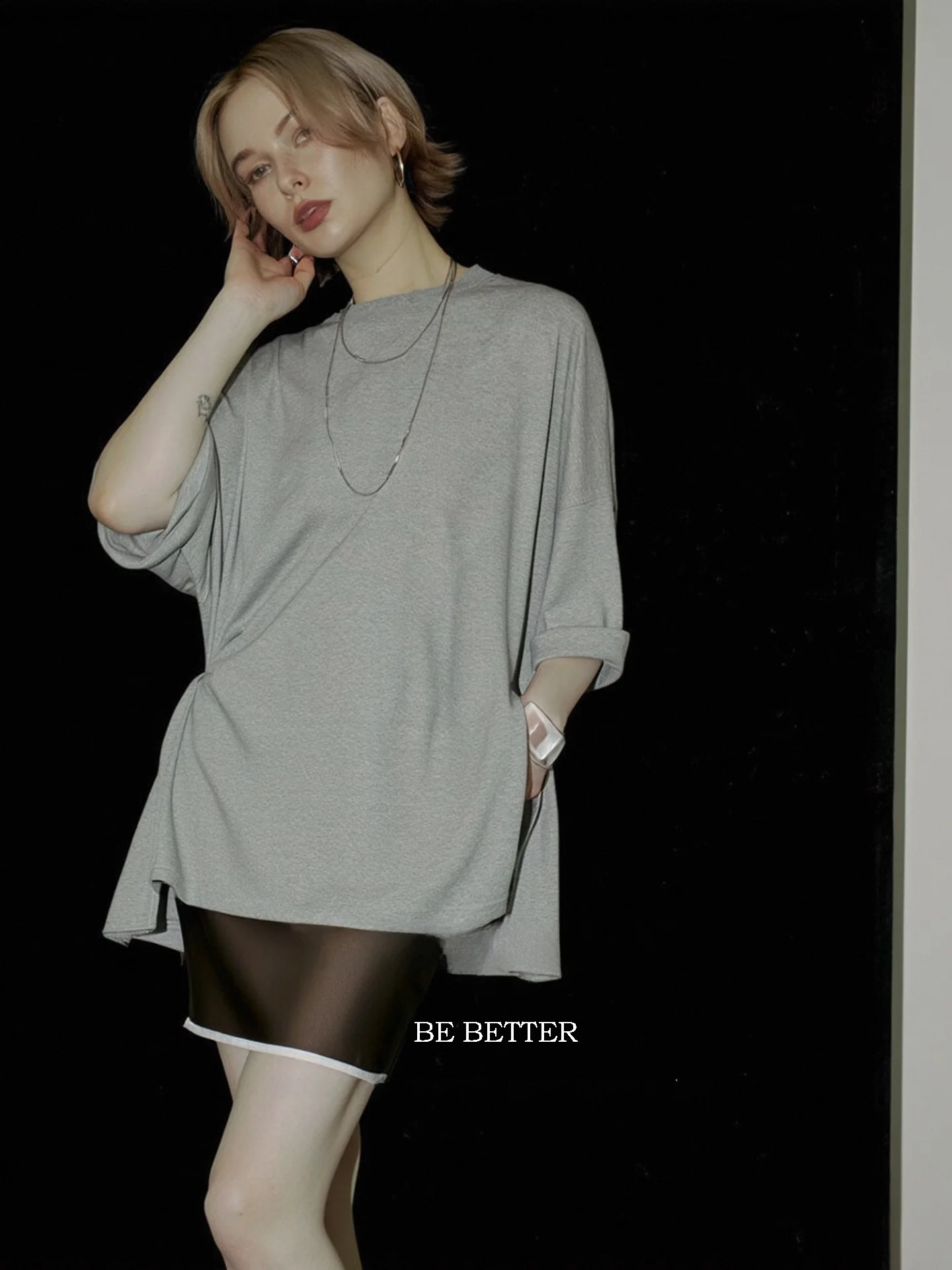 Huaappuw Grey Loose Women's T-shirt Summer New Style Seven-Quarter Sleeve Shape Design Cotton Commute Style round Neck Top