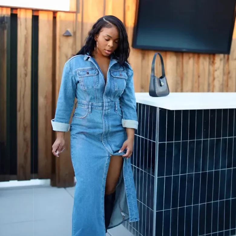 

Джинсовая юбка, осеннее новое тонкое джинсовое платье с длинными рукавами на талии, осенняя маленькая юбка