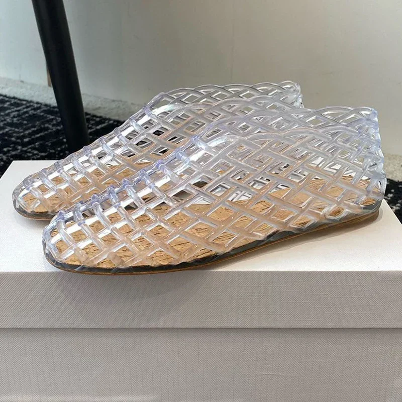 Nowe tkane siatkowe mieszkania baletowe sandały damskie Fashion Design plastikowe galaretki pojedyncze buty okrągłe Toe przezroczyste puste buty na