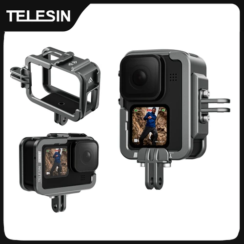 TELESIN-funda con marco de aleación de aluminio para GoPro 12 11 10 9, carcasa protectora de zapato doble para GoPro Hero 12 10 11 9, accesorios