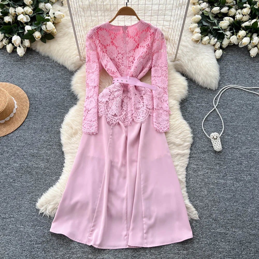 Chic vintage lace long sleeve rhinestone slim Elegant Fairy korean fashion Boho Sundress women clothing Long dress