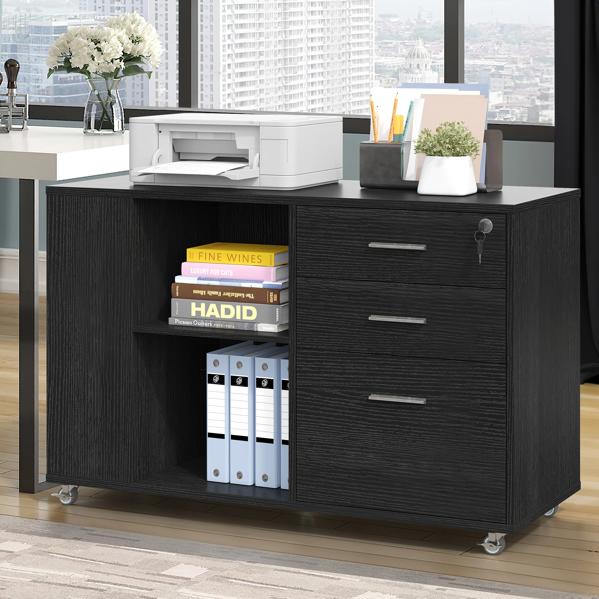 Mobile File Cabinet 3 Drawer Lateral Filing Cabinet w/ Open Side Storage Shelves