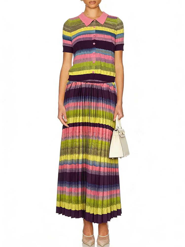 Retro color striped elastic knitted cardigan two-piece set 2026 summer women's clothing+loose pleated skirt fashion set