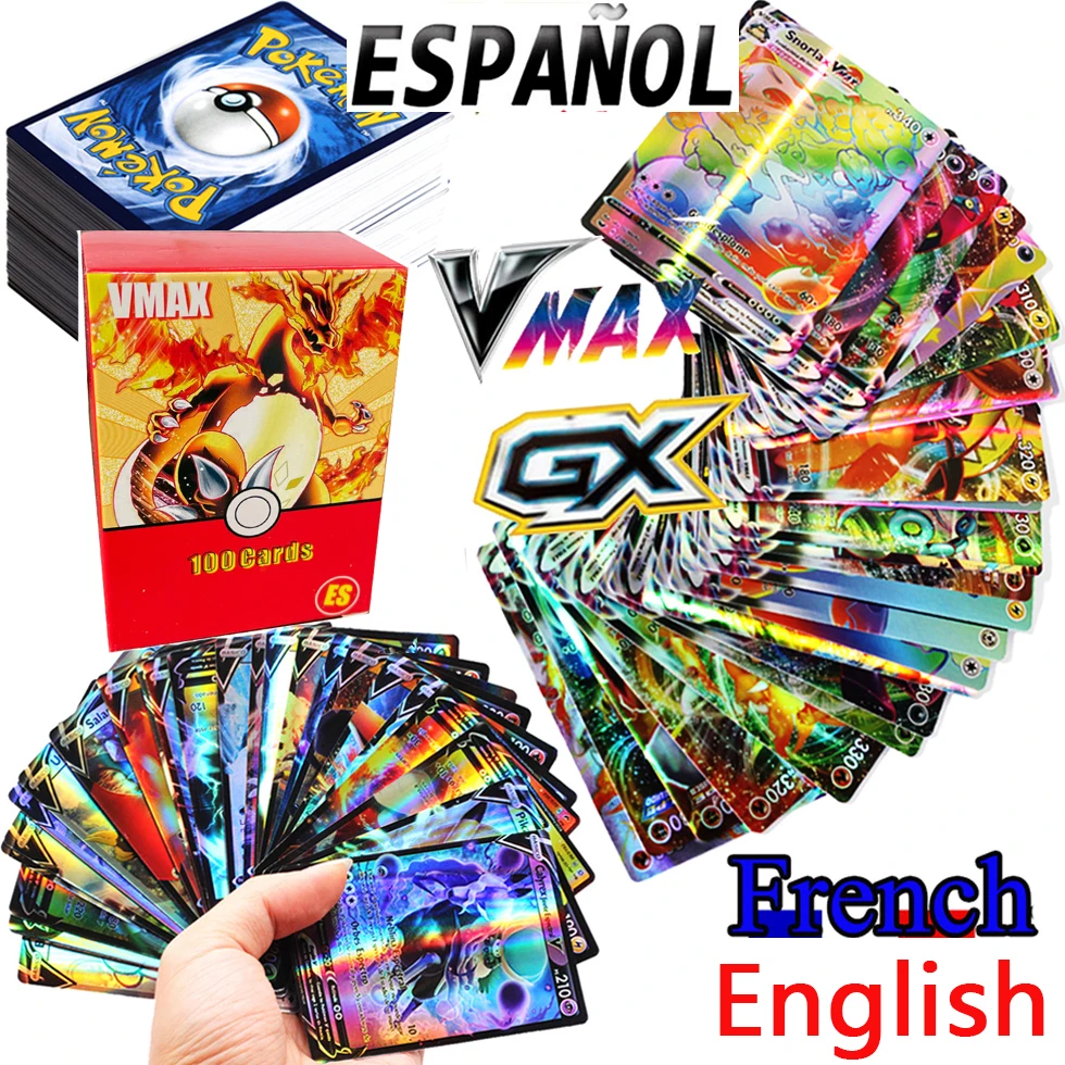 100 Uds. Tarjeta de juego de Pokémon francés Italia España GX V Mega Shining juego de batalla Carte Trading tarjetas de colección juguetes regalos para niños