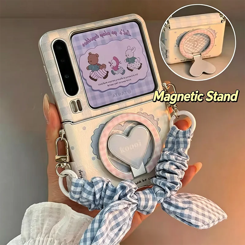 Magnetic Heart Stand Case For For Samsung Galaxy Z Flip 7 6 5 /Xiaomi Mix Flip Cute Phone Case With Blue Checkered Bow Wristband