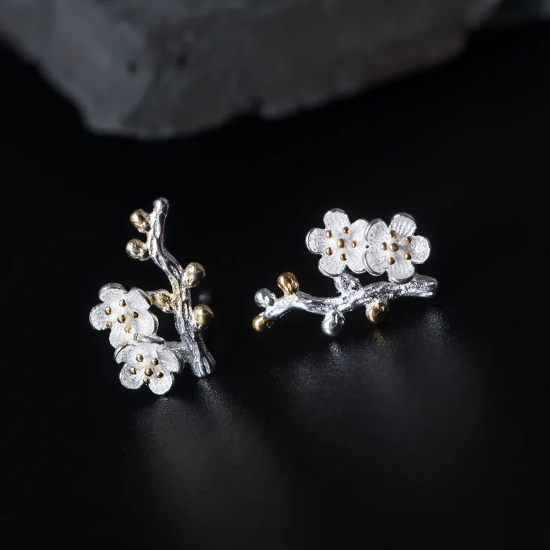 

Handcrafted S925 Silver Jewelry, Fresh Branch Plum Blossom Stud Earrings, Chinese Fashionable Flower Stud Earrings, Golden Flowe