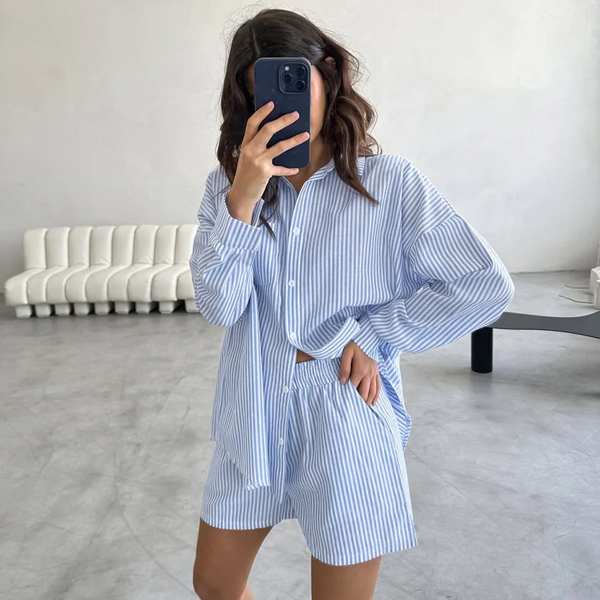 

2026 New European And American Style Blue Striped Cotton Collared Shirt Long Sleeve Shorts Set Summer Fashion Foreign Trade