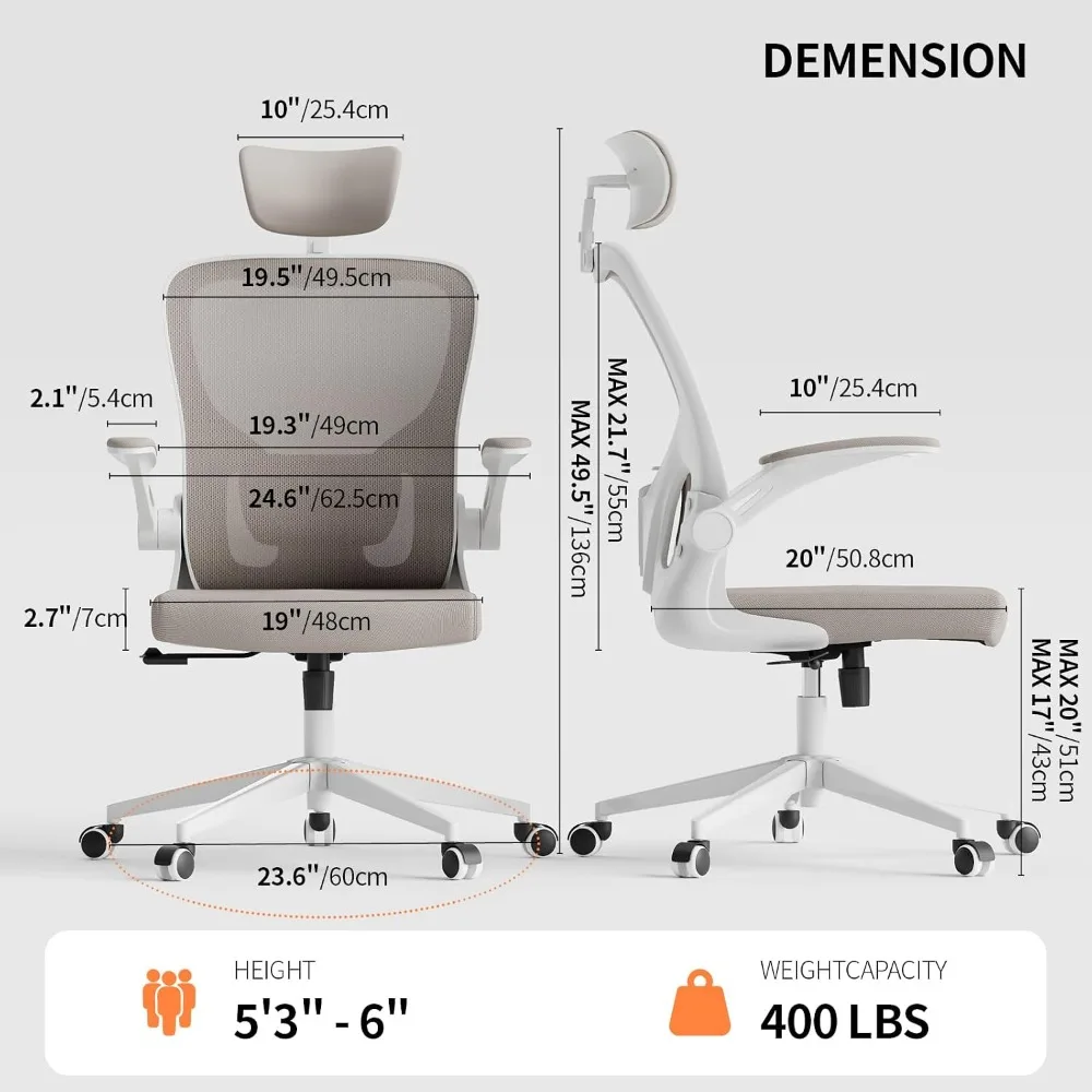 Ergonomic Mesh Office Chair w/ Lumbar Support, Headrest, Flip-up Arms, Adjustable Height, Rocking, 350LBS, White+Khaki