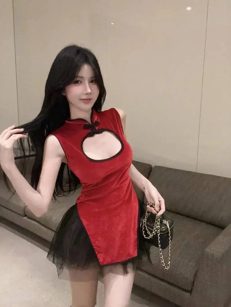 Design Sense Low Cut Red Christmas Sexy Slit Top+multi-layer Mesh Fluffy Short Two-piece Set For Women Dress Elegant HEH3