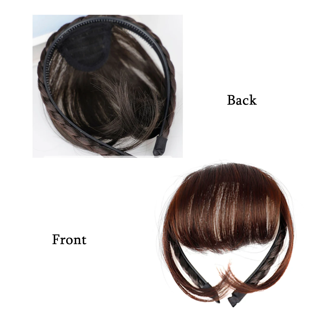 Bando kepang putar dengan poni, poni rambut sintetis lurus pendek dengan bando rambut