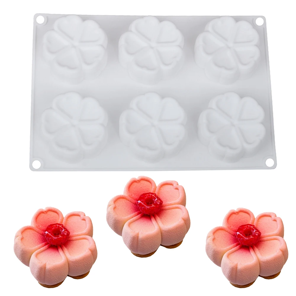 Silikonform mit 6 Mulden, Blumen, Obst, Mousse, Kuchen, Kirschblüten, Schokolade, Dessertform, Blütenblattform, französisches Gebäck, Backform