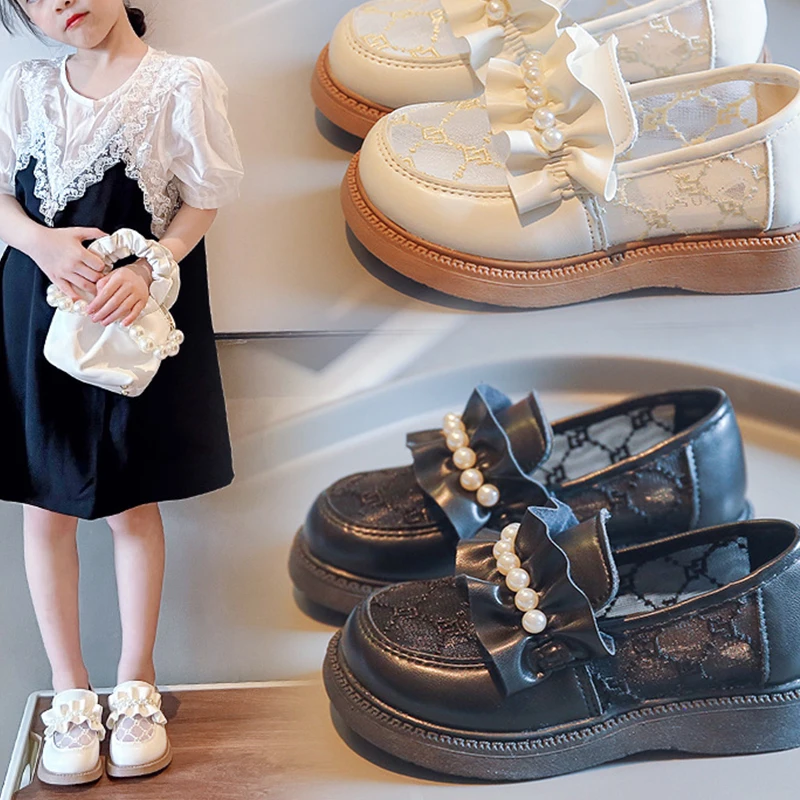 Girls Leather Shoes with Pearl Summer Fashion New Children's Soft-soled Princess Mesh Casual Shoes Kids Party Wedding Shoes