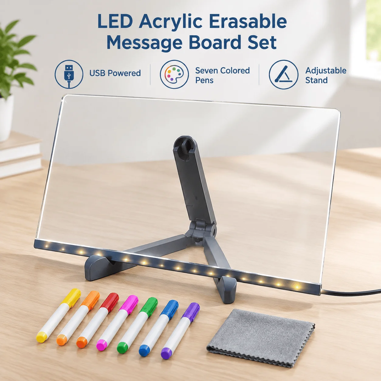 LED Acrylic Erasable Message Board Set, USB Powered, Seven Colored Pens, Adjustable Stand, Rewritable Surface, 15 x 15cm or 30 x 20cm Options, for Desk Notes, Drawing, Home Messages and Bedroom Displays, Acrylic and plastic
