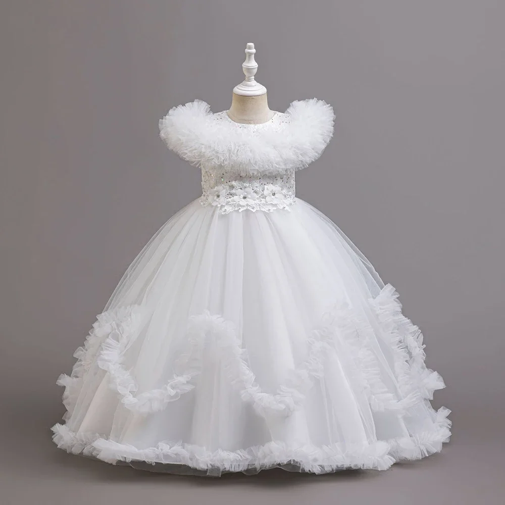 Long Flower Girl Party Dresses For Wedding Guest Kids Bridesmaid Christmas Red Blue Lace Tulle First Communion 6