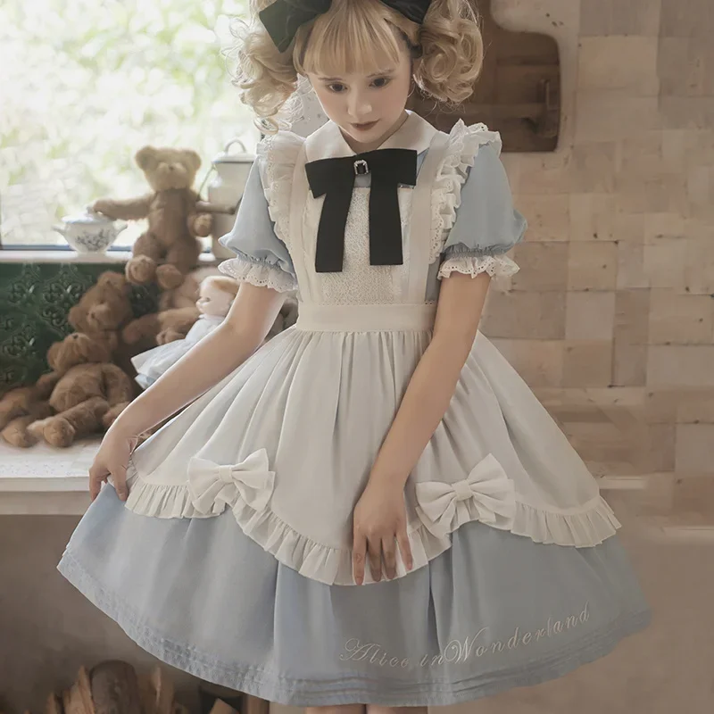 Robe Gothique Lolita OP de Style Harajuku pour Femme, Tenue de Princesse à Volants avec Nministériels d Kwaii, en Patchwork Bleu et Blanc, Mini Tenue de Tea Party Japonaise