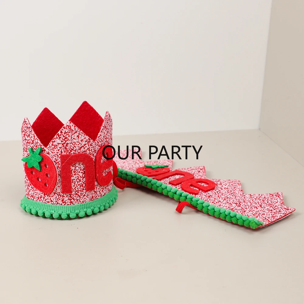 1 ชิ้นสตรอเบอร์รี่หวาน Theme One 1st หมวกวันเกิด Glitter 1 ปี Felt Crown สําหรับเด็กสาววันเกิด Baby Shower Party Decor