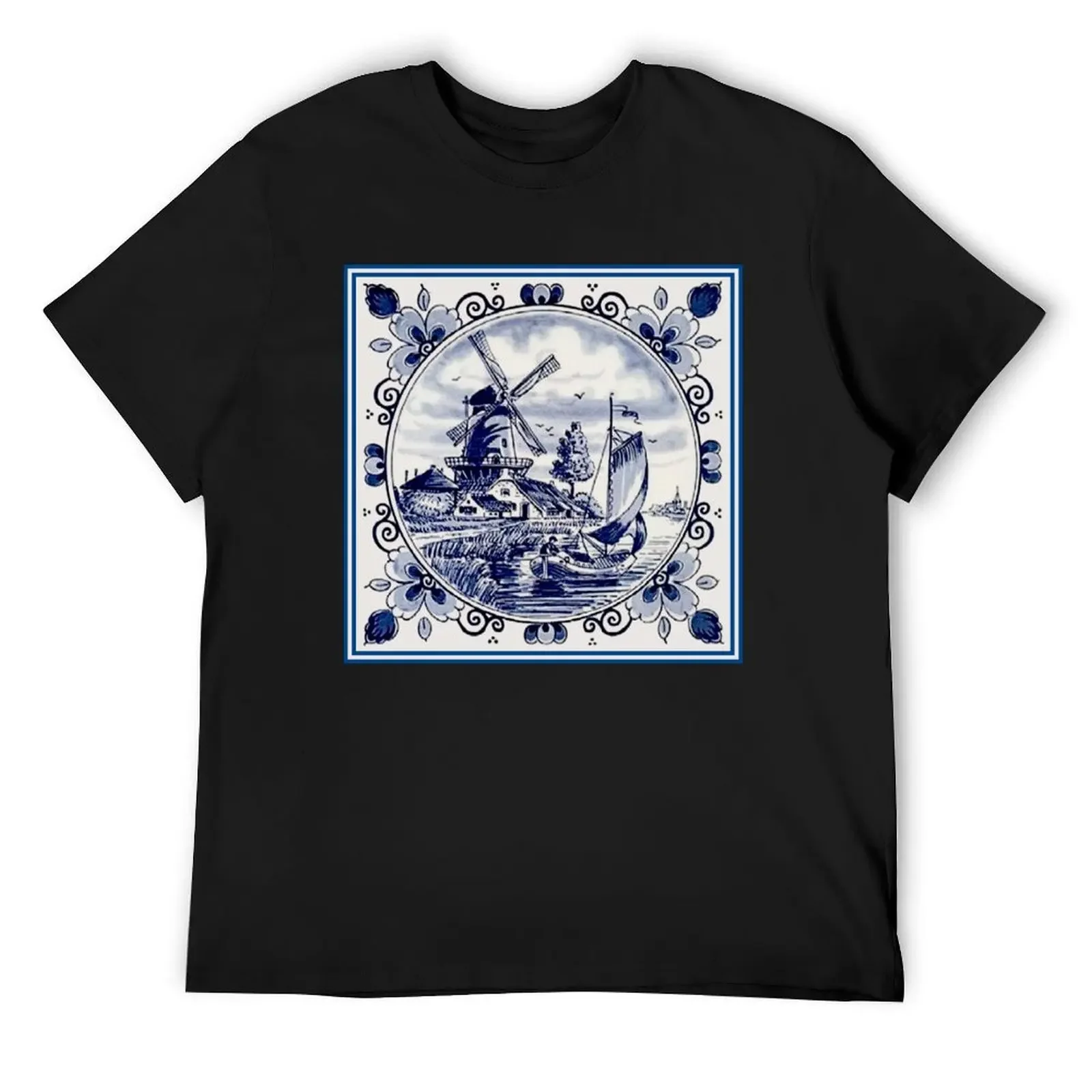 

DUTCH BLUE DELFT: Vintage Windmill Print T-Shirt anime summer 2025 valentines boutique clothes t shirt men