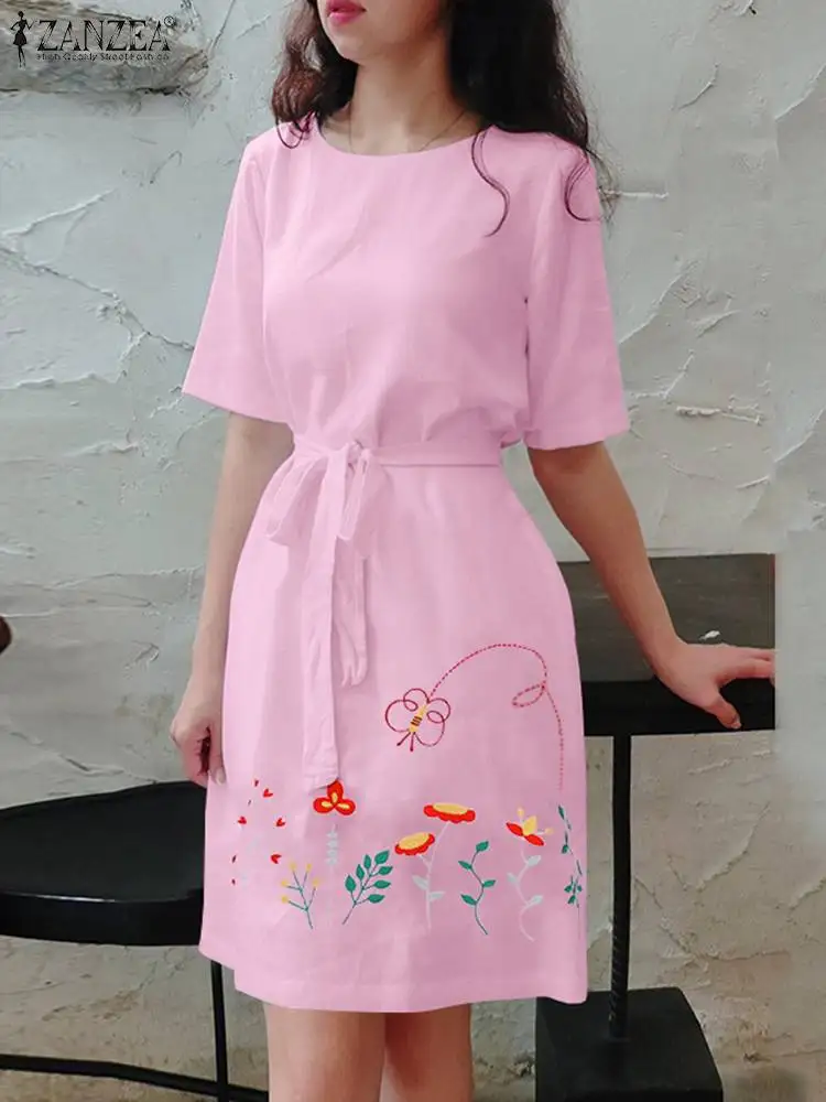 

ZANZEA Vintage Embroidery Women Dress 2024 Summer Holiday Round Neck Robe Solid Belt Collect Waist Vestidos Retro Baggy Sundress