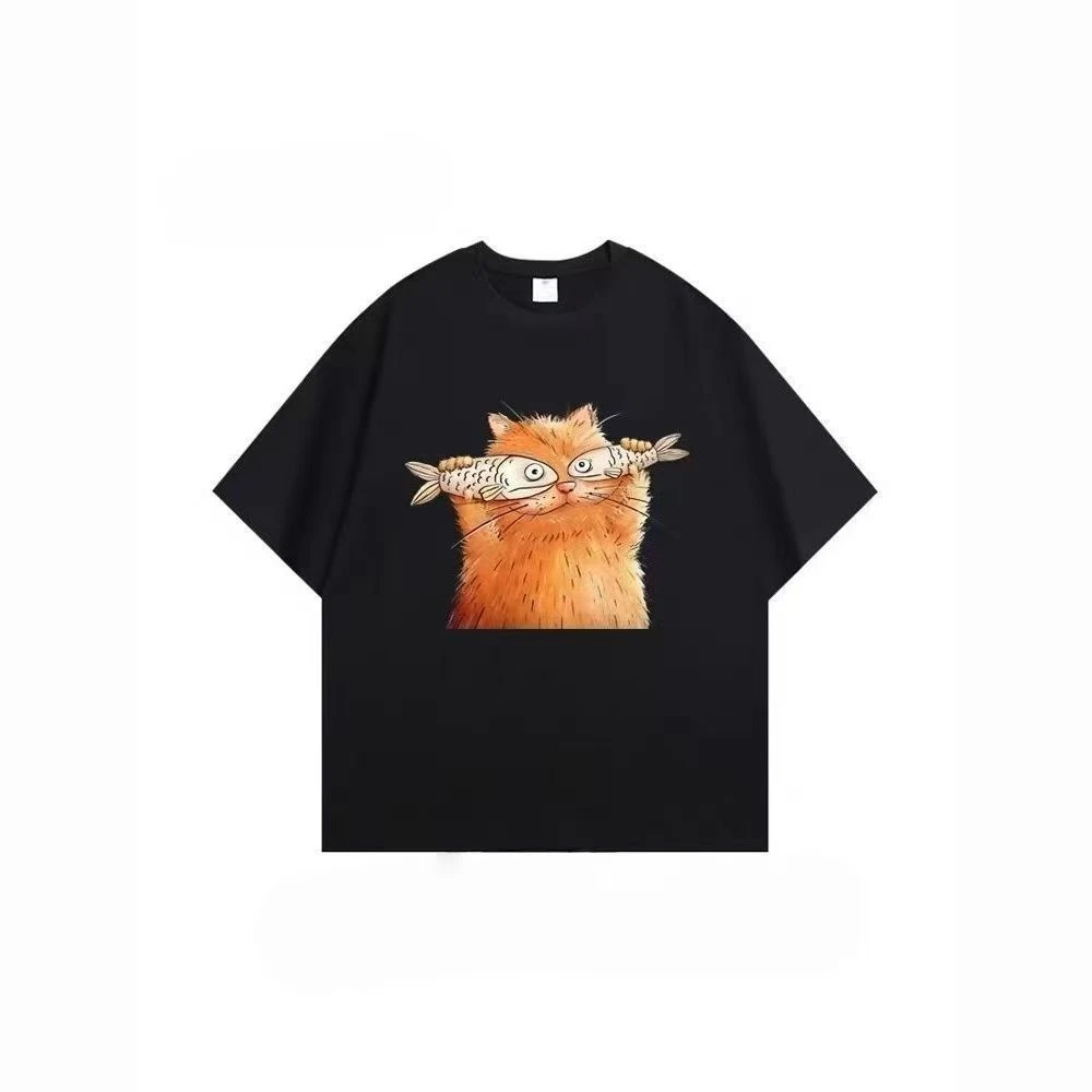 

Le Design Ample Américain Sens T-shirt À Manches Courtes Imprimé Chat Drôle Vêtements D'été En Pur Coton Pour Hommes Et Femmes