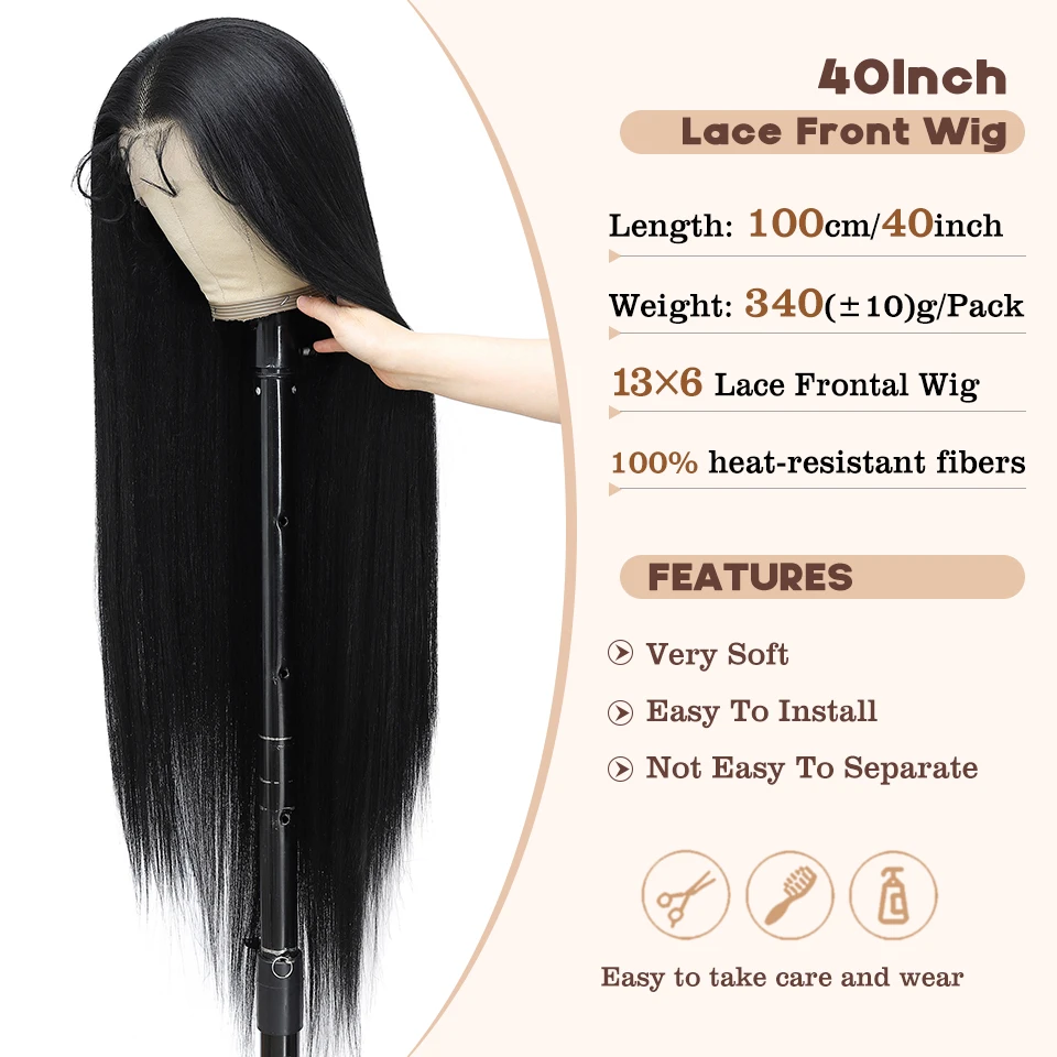 40-Zoll-Synthetik-Lace-Frontal-Perücken für Frauen, 13 x 6 Lace-Front-Perücken mit Hochtemperaturfaser, HD-Spitze, rosa blondes glattes Haar – Detail 4
