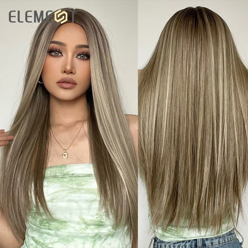 

ELEMENT Synthetic Wig Long Straight Hair Celadon Grey Blonde with Bangs for Women Daily Heat Resistant Fashion Women's Hair