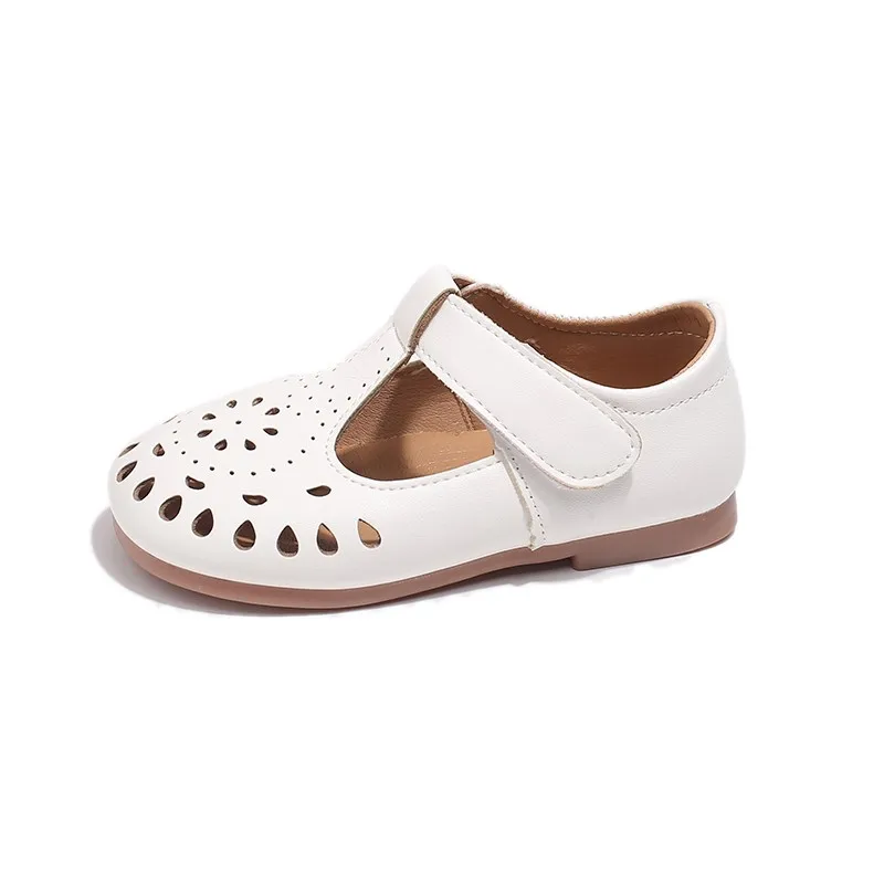 Girls Casual Shoes Hollow Cut-outs Princess Sweet Soft Kids Leather Shoes 2025 Spring Summer T-strap Children Flats for Wedding