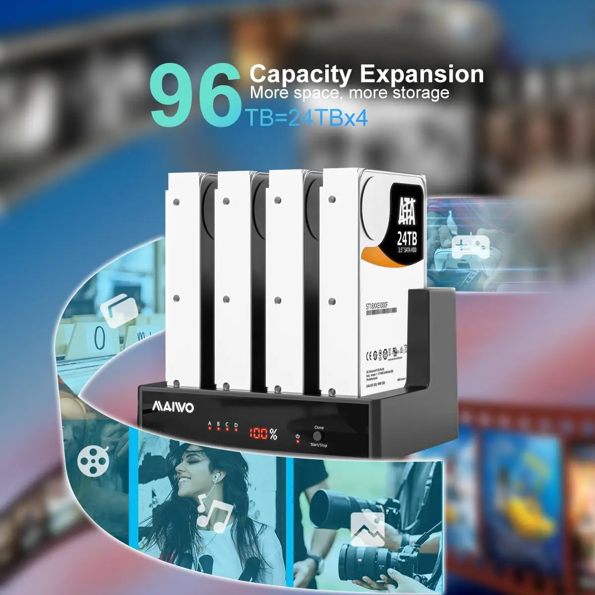 MAIWO 4 Bay Hard Drive Docking Station LED 96TB USB3.0 ออฟไลน์ Cloning Hard Drive Duplicator สําหรับ 2.5 ''3.5'' SATA SSD HDD