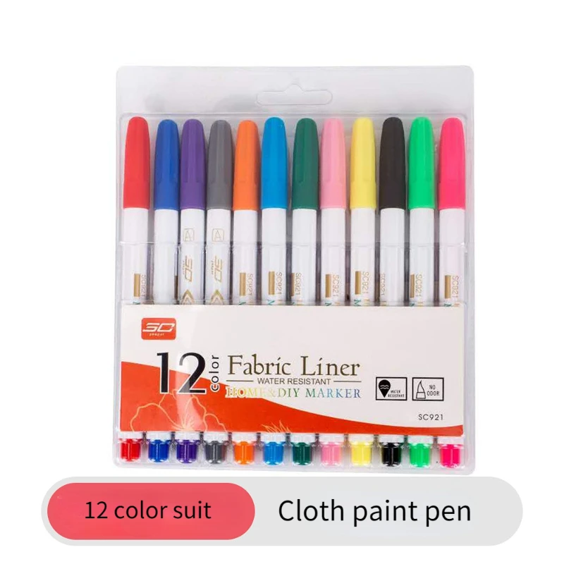 12 Color Cloth Painting Pen Set Children's Textile Fabric Paint Brush T-shirt Shoes DIY Graffiti  Art Supplies