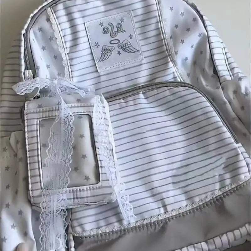Korean Simple Patchwork Striped Women Backpack Sweet Y2k Aesthetic Star Print Schoolbags Fashion Casual Backpacks For Students