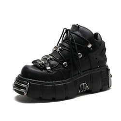 Punk Style Women Black Platform Shoes Metal Decor Lace-up Woman New Rock Boots Gothic Black Leather Women Sneakers Botas 2026